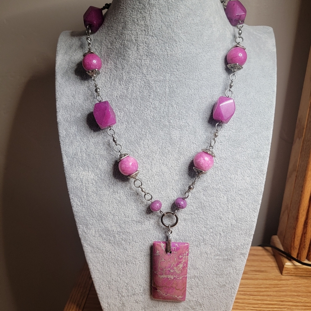 Hot Pink Stone Beaded Necklace With Pendant Silver-tone Chain